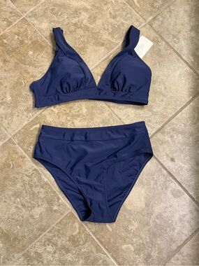 Cupshe Navy Blue V-Neck High-Waist Bikini Set M-bottoms, L-Too